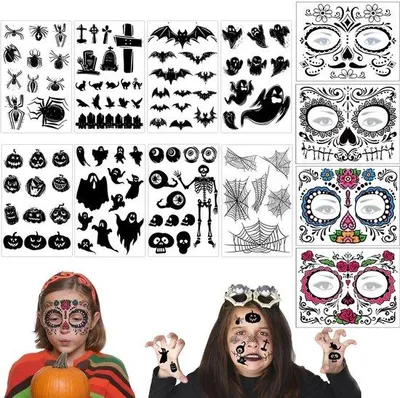 Produktbild von Terrorstickers für Halloween - 12 Blätter - Wasserfest - Gruselige Tattoos für Kinder - Für Halloween-Cosplay
