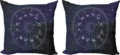 Obrázok produktu pre ABAKUHAUS Astrologická sada obliečok na vankúš (2 kusy), hviezdne znamenie horoskopu v tvare kruhu na pozadí Star Seem, 40 x 40 cm, tmavomodrá a biela