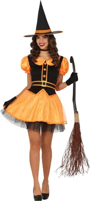 Produktbild von Hexe Halloween Kostüm Zauberhut Kleid Orange Schwarz Mystisch, Größe: 42 - 44 (L) Farbe: Orange