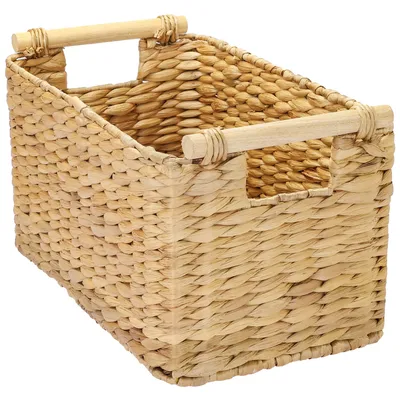 Produktbild von HMF Aufbewahrungskorb geflochten aus Wasserhyazinthe, dekorativer Korb mit Holzgriffen zur Aufbewahrung für Badezimmer, Wohnzimmer, Küche, 37 x 22 x 20 cm, Natur
