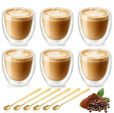 Produktbild von 6er Set Cappuccino Tassen 250ml Doppelwandig mit Löffel Borosilikatglas Hitzebeständig