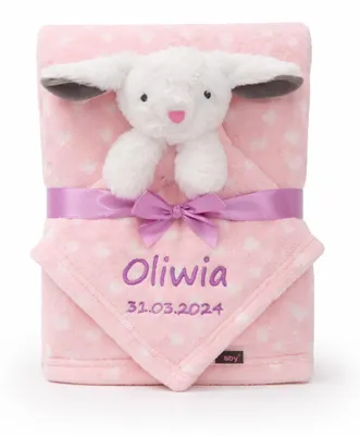 Produktbild von BotoBaby® Babydecke mit Namen + Schmusetuch Häschen – Rosa mit Herzen – ca. 75 x 100 cm – Personalisiertes Baby Geschenkset