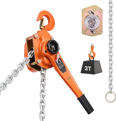 Immagine prodotto di Paranco a leva SucceBuy con portata di 3 tonnellate, paranco manuale a catena, altezza di sollevamento di 6 m, robusta catena in acciaio G80 con freno meccanico a doppio nottolino, ganci rotanti a 360°, ideale per magazzini, progetti edilizi e officine