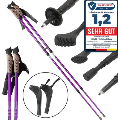 A collage of images showing purple Nordic walking poles, their accessories, and a product review badge.