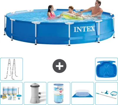 Produktbild von Intex-Schwimmbecken mit rundem Rahmen – 366 x 76 cm – Blau – im Lieferumfang enthalten Wartungspaket - Filterpumpe für Schwimmbad - Filter - Bodenplane - Reinigungskit - Leiter