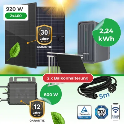 Produktbild von Balkonkraftwerk 920W Komplettset mit Marstek B2500D 2,24 kWh Speicher, 2x 460W bifazial Glas-Glas Module & M2-800 Wechselrichter inkl. BalkonHalterung