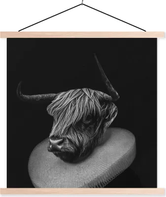 Produktbild von MuchoWow® Textilposter Gemälde - Schottisches Hochlandrind - Schwarz - Weiß 40x40 cm mit holzfarbenen Rahmen - Posterleiste