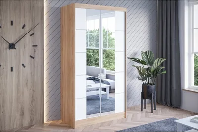 Produktbild von Easy4You N5 100 cm Sonoma/Weiß Schiebetüren Kleiderschrank 100x200x58 cm mit Spiegel - Schlafzimmermöbel, Aufbewahrung - Mehrzweckschrank