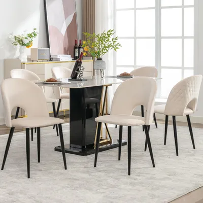 Produktbild von Esszimmerstuhl Polsterstuhl 6er Set Samt Diamantmuster Rückenlehne Metallbeine Verstellbare Füße Beige 47x44x84cm