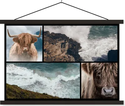 Produktbild von MuchoWow® Textilposter Schottisches Hochlandrind - Collage - Steine - Meer 120x80 cm mit schwarzem Rahmen - Wanddeko