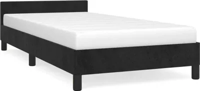 A product image of a black bed frame with a white mattress.