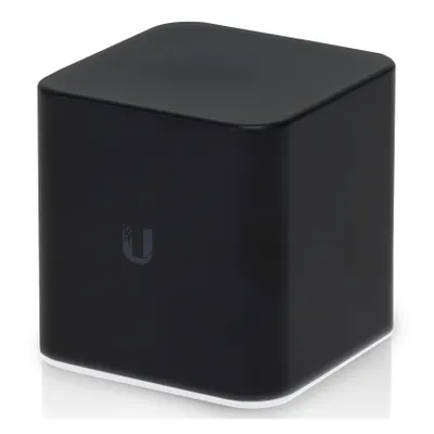 A black cube-shaped electronic device with a logo on the front, set against a white background.