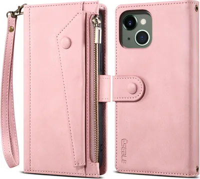 Produktbild von Schutzhülle für iPhone 13 Reißverschluss Hülle, Leder Klapphülle Kartenfach Standfunktion Brieftasche mit Trageband Rosa