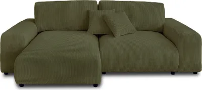 A green corduroy sectional sofa with two throw pillows.