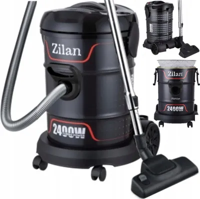 A collage of images showing a black industrial vacuum cleaner from different angles, including a close-up of the hose connection and a smaller inset image of the vacuum cleaner with its accessories.
