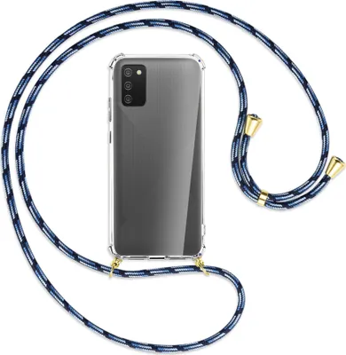 Produktbild von Handykette Backcover-Schutzhülle mit Band (Metall goldfarben) für Samsung Galaxy A02s - Blautöne