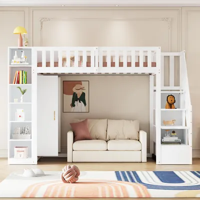 Productafbeelding van Hoogslaper 90x200 cm, wit, gemaakt van grenenhout, multiplex en MDF, met planken, een kledingkast en een veiligheidsladder, geschikt voor kinderkamers