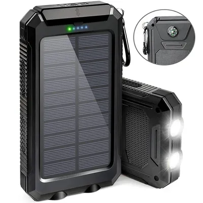 Produktbild von Solar Powerbank 30000mAh mit LED Licht, 2 Outputs Power Bank, Solar Ladegerät, Power Bank für Smartphones, schwarz