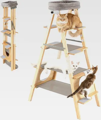 Produktbild von Kratzbaum und Leiter, 5-stöckiger Katzenbaum mit Sisal-Kratzpfosten & gepolstertem Liegeplatz, Ladder Kletterturm faltbar, aus massivem Kiefernholz, Katzenkratzbaum groß, 151 cm hoch, Natur