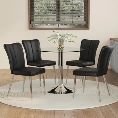Image de Ensemble de salle à manger 5 pièces : table ronde de 85 cm de diamètre en verre de sécurité et 4 chaises enPolyuréthanenoir, ensemble moderne avec pieds en métal, peu encombrant pour la cuisine et la salle à manger