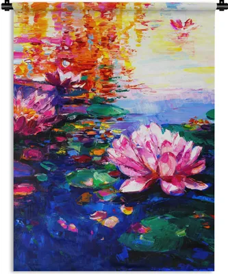 Produktbild von MuchoWow® Wandteppich Wandbehang Gemälde - Öl - Seerose - Wasser 120x160 cm Tapisserie Dekoration Wandtuch - Wohnzimmer - Moderne