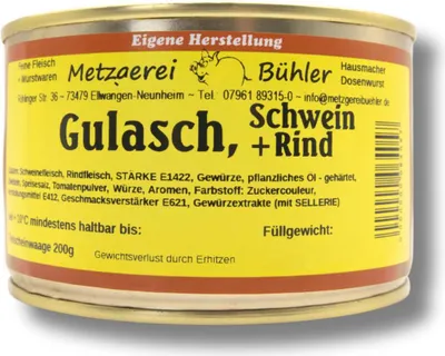 Produktbild von Gulasch mit Rindfleisch und Schweinefleisch 400 g Fertiggericht in der Dose Premium Fleischkonserve Gulasch ungarische Art lang haltbares Lebensmittel
