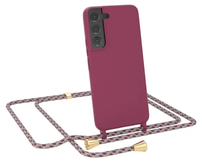 Produktbild von EAZY CASE Handykette kompatibel mit Samsung Galaxy S22 5G Handyhülle zum Umhängen, Silikon Hülle mit Band, Schutzhülle mit Ersatzkordel, Stylische Kette für Smartphone, Beere / Rot Camouflage