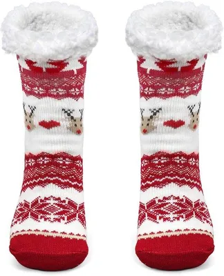 Produktbild von Unyqoos® Kuschelige Weihnachtssocken für Damen mit Teddy-Fleece, Antirutsch‑Noppen, Rentier- & Tannenbaum‑Motiv, Größe 35–42, warme Haussocken