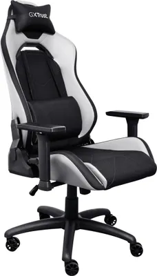 A gaming chair with a black and white color scheme.