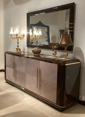 Produktbild von Casa Padrino Luxus Möbel Set Dunkelbraun / Grau / Gold - 1 Sideboard mit 4 Türen & 1 Wandspiegel - Luxus Hotel Möbel