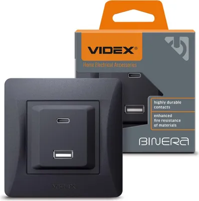 Obrázek produktu pro Videx Binera 16A PD 20W USB-A + USB-C zásuvka pod omítku, černá a grafitová barva