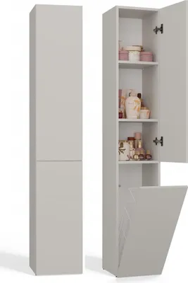 Produktbild von Badezimmerschrank NEL IV mit langer Tür und Wäschekorb – praktisch und stilvoll | Kaschmirbeige | 174x31x30 cm