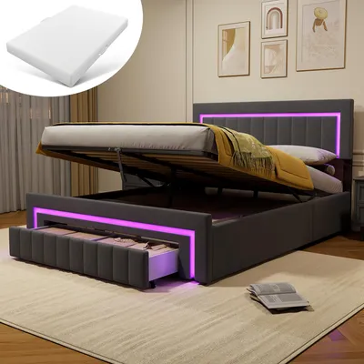 Produktbild von MODFU Boxspringbetten 180X200 Doppelbett mit Matratze,Bettkasten und Schubladen auf Rollen,Polsterbett mit LED-Kopfteil und Lattenrost,Grau