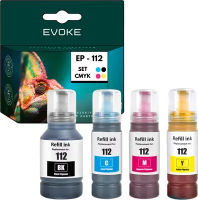 A set of four refill ink bottles and their packaging are displayed against a white background.
