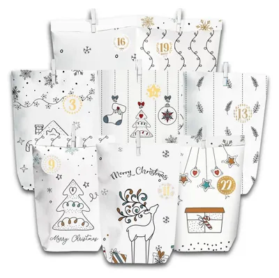 Produktbild von DIY Adventskalender Set 28 Papiertüten mit Zahlenaufklebern, Holzklammern & Juteschnur