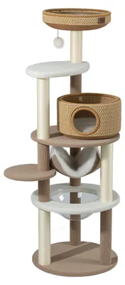Productafbeelding van Fudajo Forest Lodge, kraboom van 168 cm, beige kleur, met kattenhuis, kattenbed, hangmat, transparante ligplaats en krabpalen van papierkoord