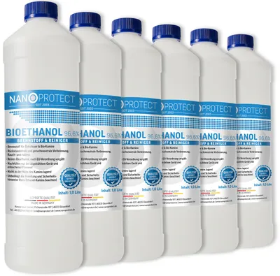 Produktbild von Nanoprotect Bioethanol 96,6% | 6 x 1 Liter | Flüssiger Ethanol Brennstoff für Indoor Kamin und Tischfeuer | Reiner Ethylalkohol als Lösungsmittel | e …