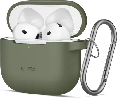 A pair of white earbuds in an open olive green charging case, with a silver carabiner attached to the side.