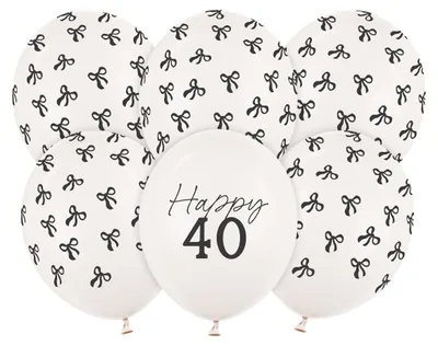 Produktbild von Luftballons 30cm mit Happy 40 & Schleifen Motiv 6er Set Weiß Schwarz