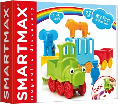 The image shows the packaging of a SmartMax My First Animal Train toy set, featuring colorful magnetic train pieces and animal figures.