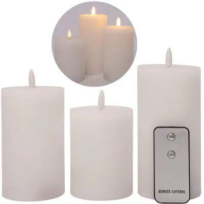 Produktbild von 3er Set Led Kerzen 7,5cm ø Kerze flackernde Flamme mit Fernbedingung WEISS 15 cm + 12,5 cm + 10 cm Höhe, LED Kerzen mit Timerfunktion, 3 AAA Batterien nötig, LED Echtwachs Stumpenkerzen warmweiß