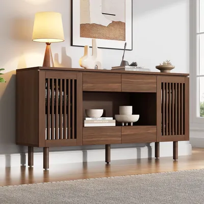Produktbild von okwish Sideboard mit 2 Lamellentüren und Stauraum,5 Holzbeinen,Wohnzimmerschrank mit 4 Schubladen,Aufbewahrungsschrank,Nussbaum