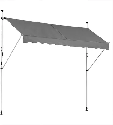 A gray awning supported by two poles, shown against a white background.