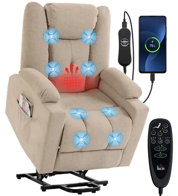 Produktbild von Elektrischer Aufstehsessel mit Vibrationsmassage und Wärmefunktion, Relaxsessel in Samtoptik mit Federkernpolsterung, Cremeweiß