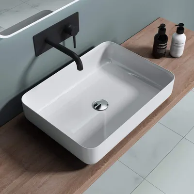 Image de doporro Lavabo Vasque à Poser Blanc 55cm Lave Mains en Fonte Minérale Rectangulaire Arrondi 55x40x13 cm Colossum 812