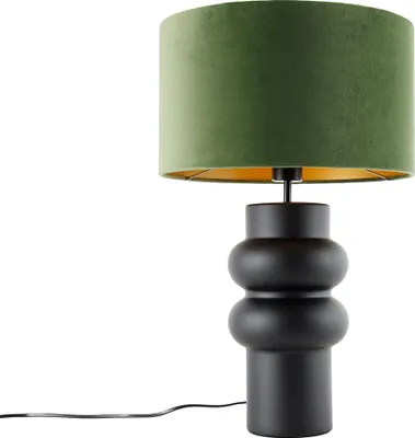 Produktbild von QAZQA - Design Tischleuchte I Tischlampe I Lampe I Leuchte Schwarz Samt Schirm Grün mit Gold I Messing 35 cm - Alisia I Wohnzimmer I Schlafzimmer - Keramik Rund - LED geeignet E27