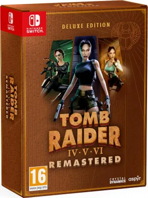 The image shows the front of a video game box for Tomb Raider IV-VI Remastered Deluxe Edition for Nintendo Switch.