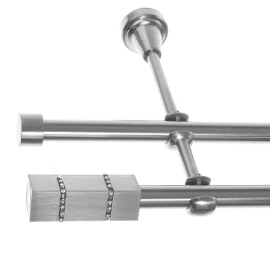 Produktbild von Gardinenstange Set Edelstahl Look Metall Ø 19mm zur Wandbefestigung 2-lauf Kristall, Länge wählbar H28 E69 E61
