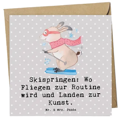Produktbild von Mr. & Mrs. Panda Grußkarte Skispringen Kunstflug - Grau Pastell - Geschenk, Wintersport, Sprungtechnik, Klappkarte, Sportler, doppelkarte, Sportart, Flug, Teamsport