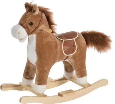 Produktbild von HOMCOM Kinder Schaukelpferd Baby Schaukeltier Pferd mit Tiergeräusche Spielzeug Haltegriffe für 36-72 Monate Plüsch Braun 65 x 32,5 x 61 cm